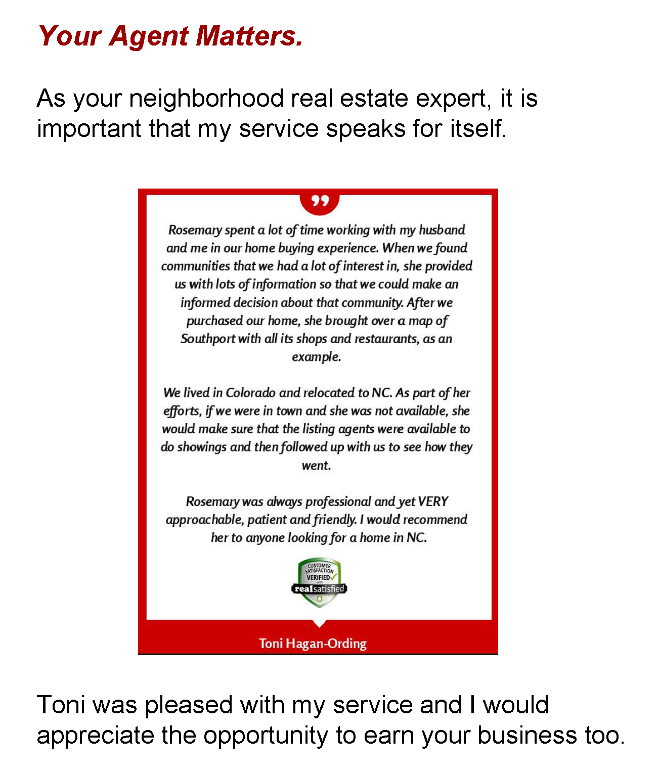 Testimonial from Toni Hagan-Ording